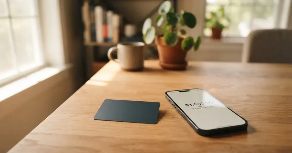 A payment card next to a phone with a crypto wallet app open