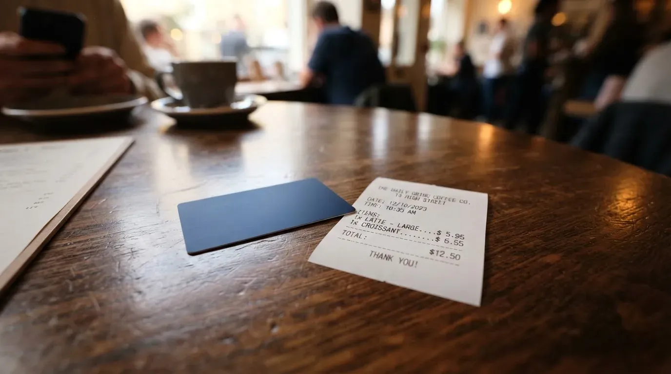 A receipt and a card on a café table