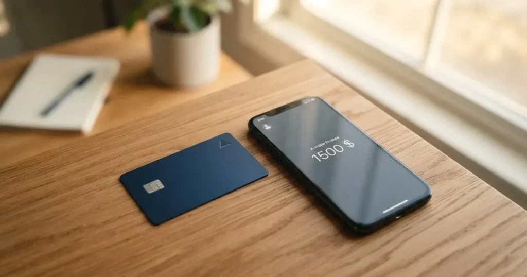 A payment card next to a phone with a crypto wallet app open