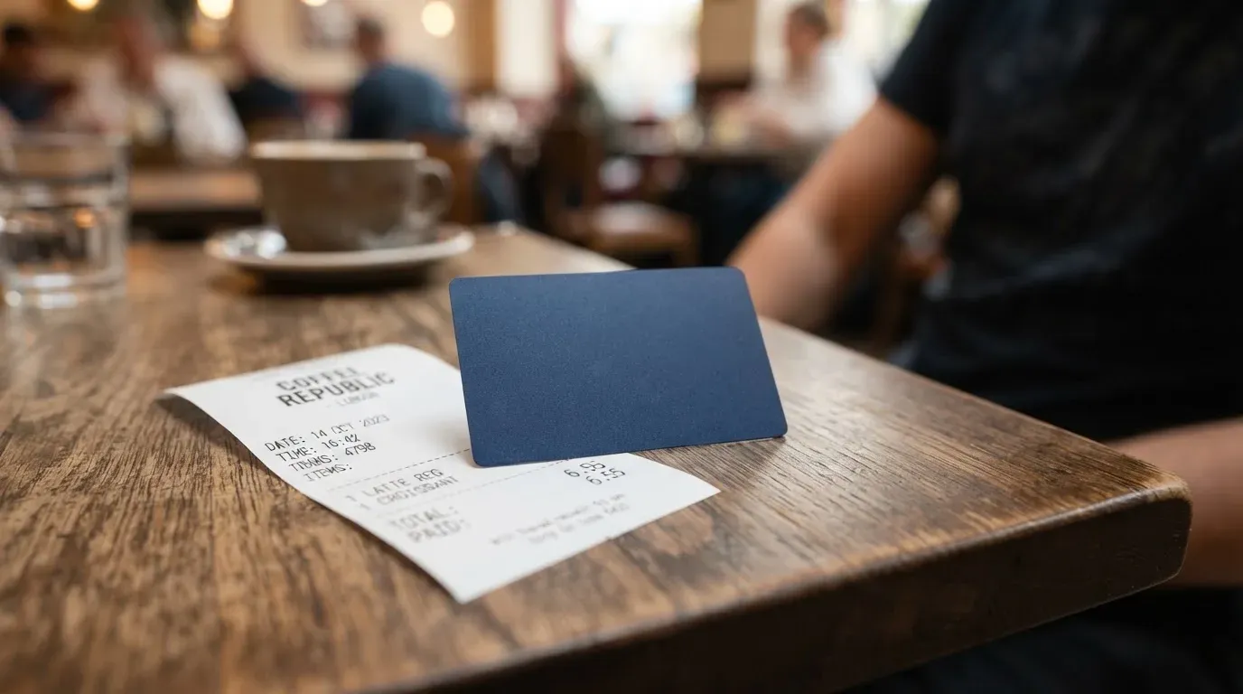 A receipt and a card on a café table