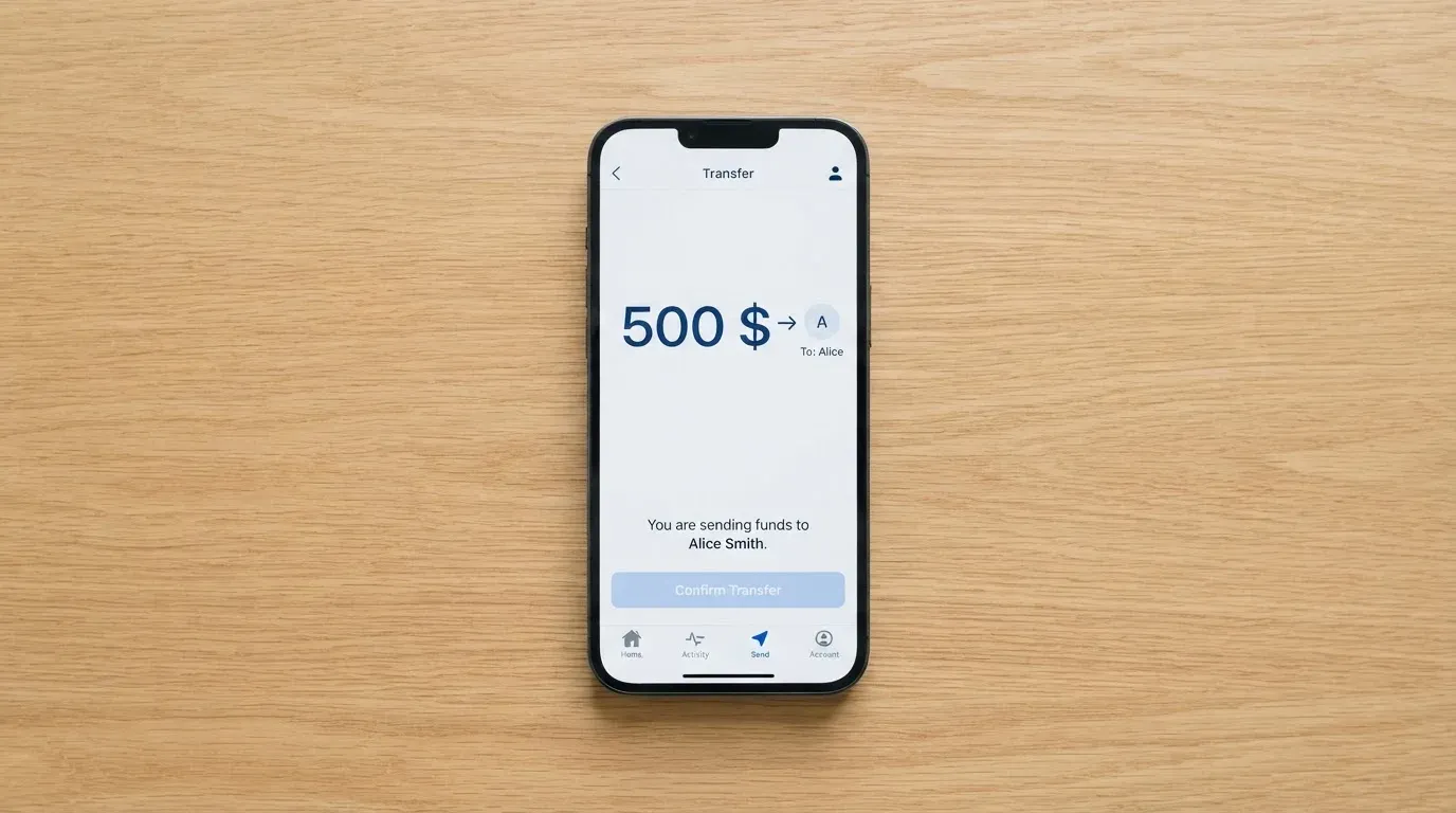 A phone showing a stablecoin transfer screen