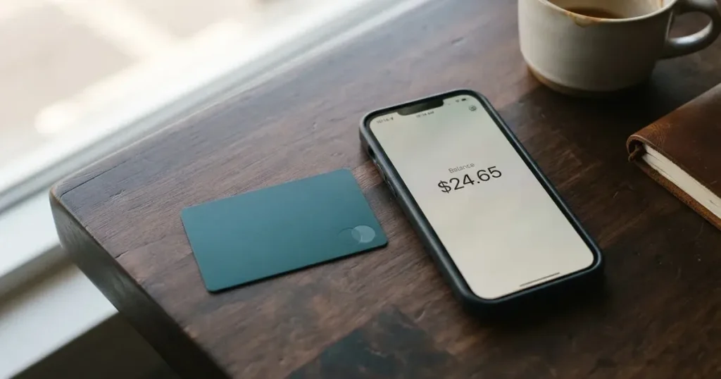 A payment card next to a phone with a crypto wallet app open