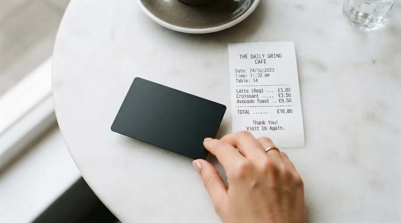 A receipt and a card on a café table