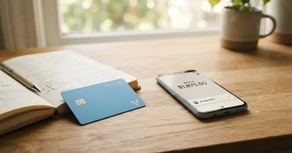 A payment card next to a phone with a crypto wallet app open