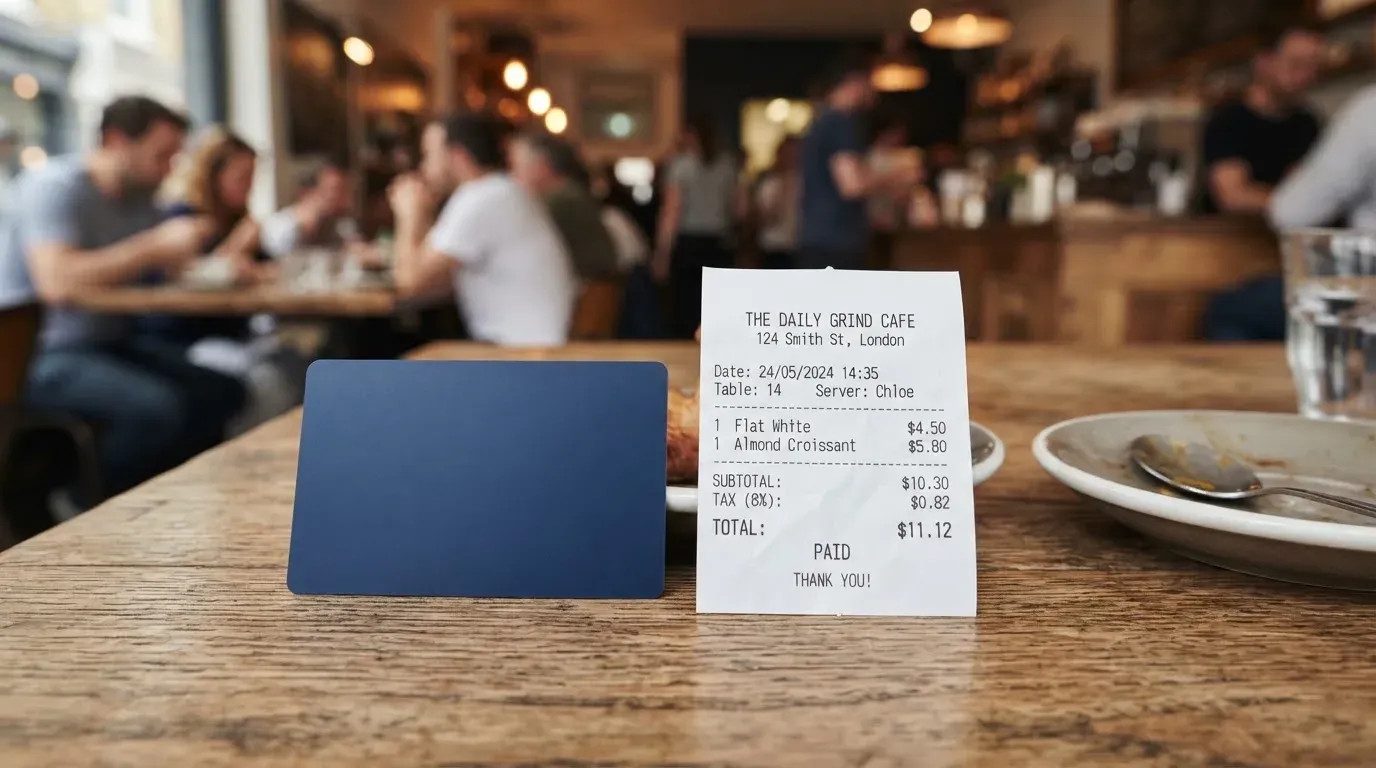 A receipt and a card on a café table