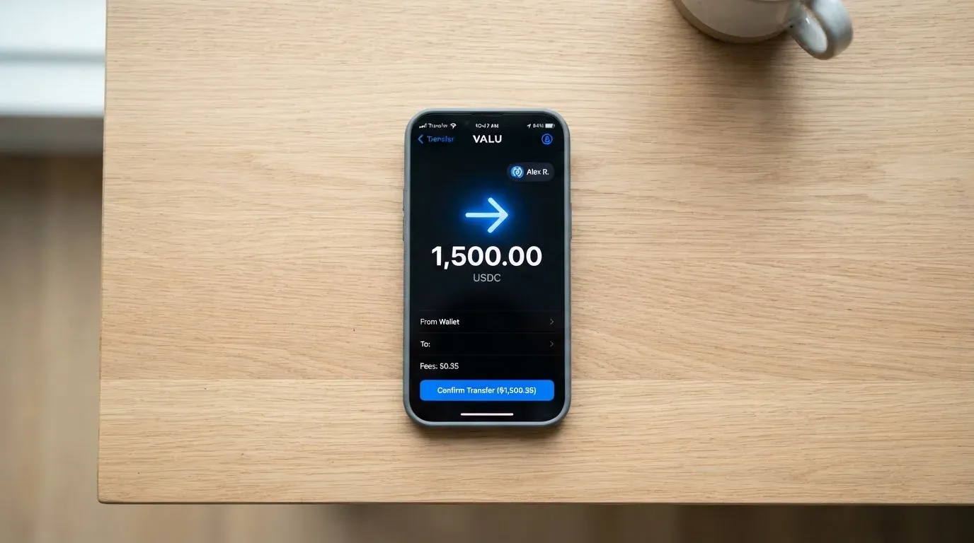A phone showing a stablecoin transfer screen