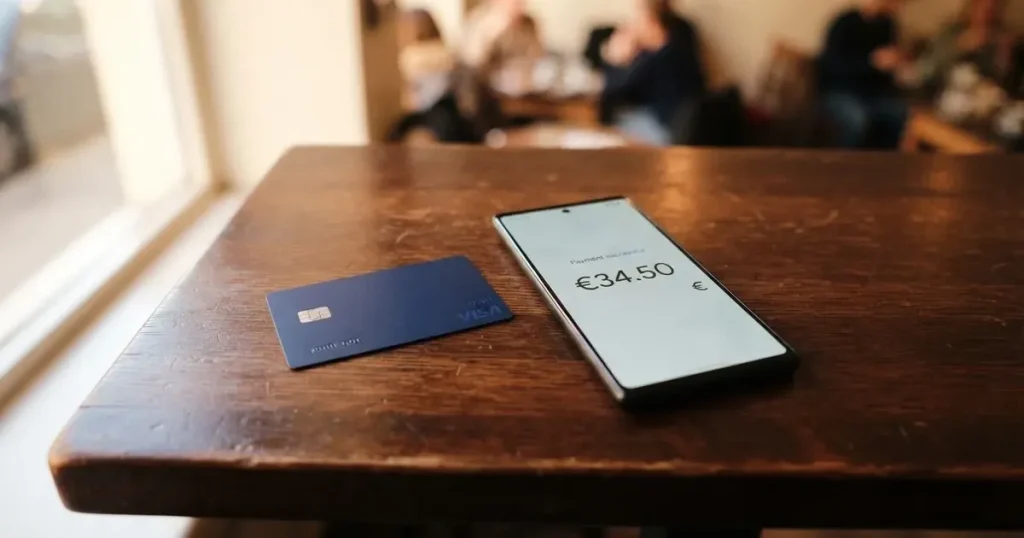 A payment card next to a phone with a crypto wallet app open