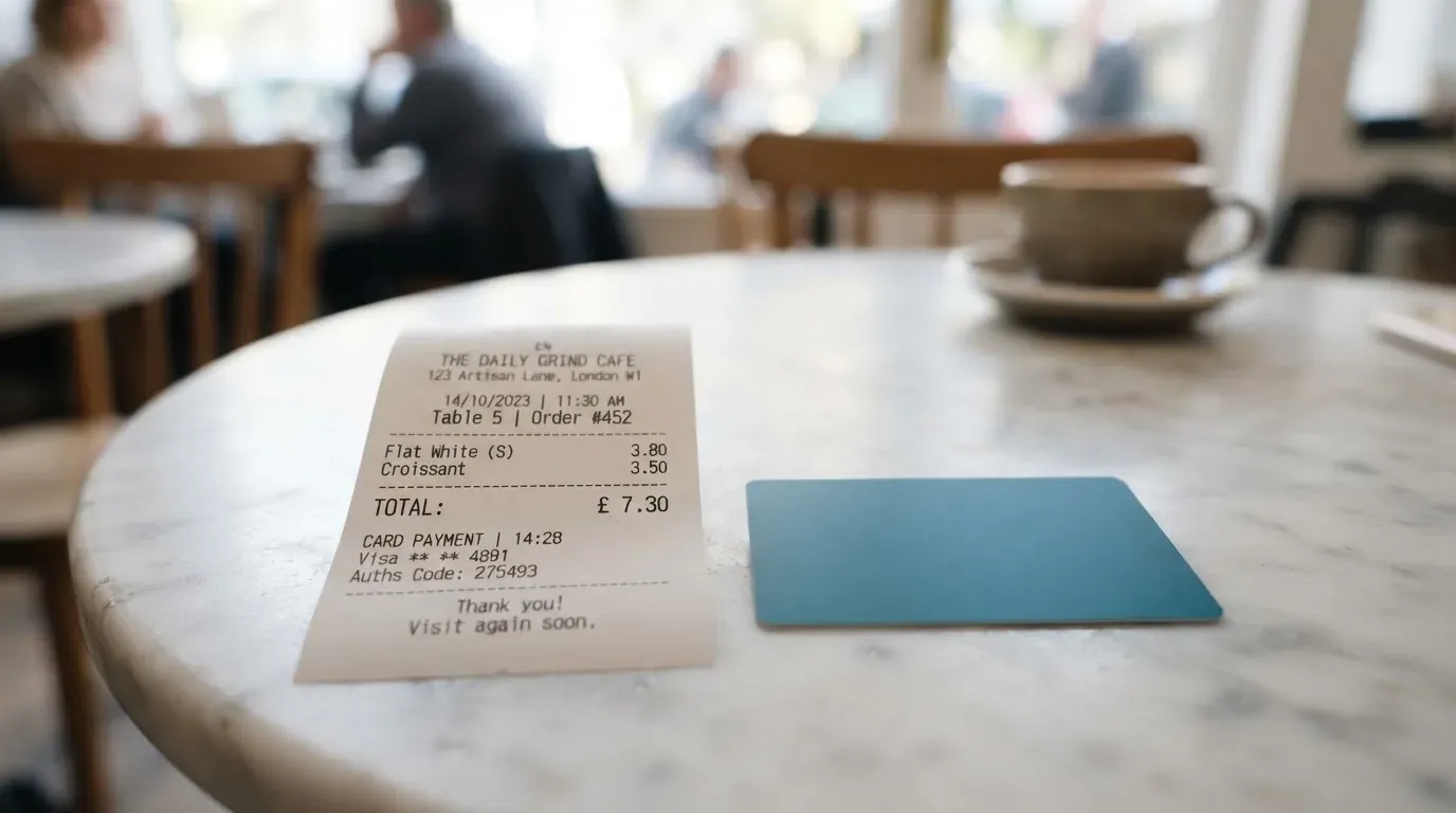 A receipt and a card on a café table