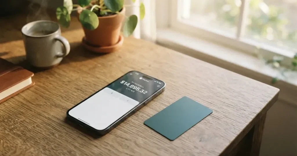 A payment card next to a phone with a crypto wallet app open