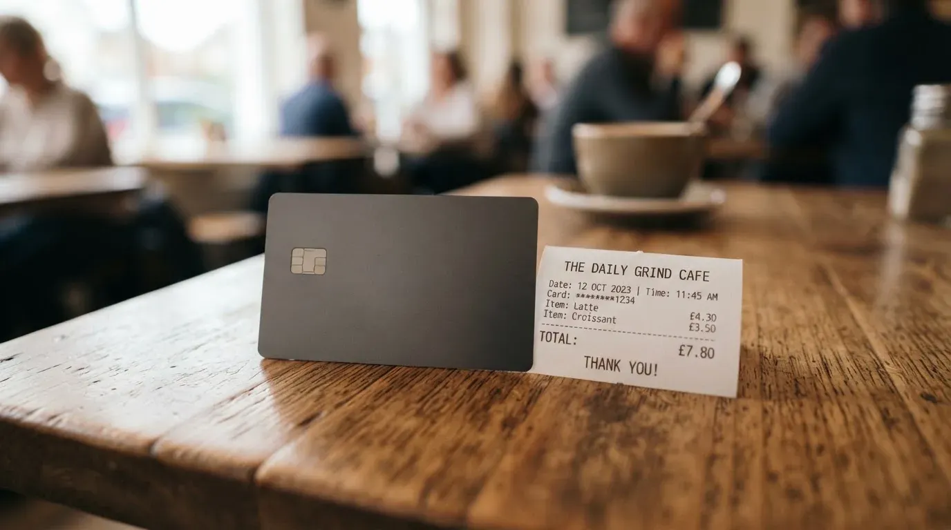 A receipt and a card on a café table