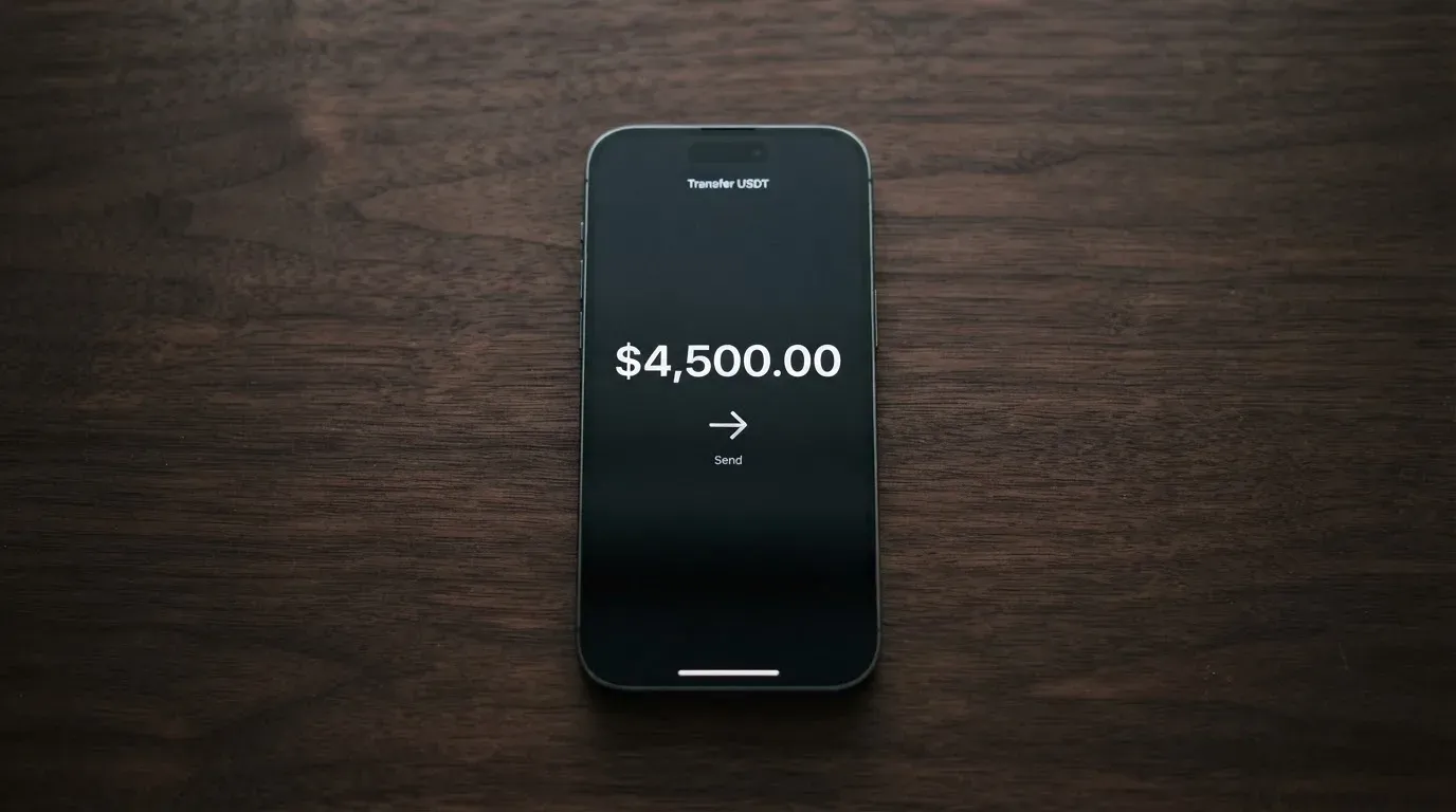 A phone showing a stablecoin transfer screen