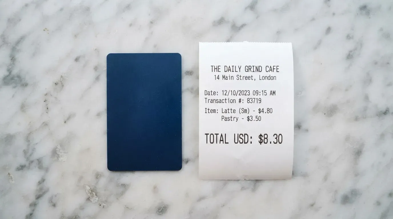 A receipt and a card on a café table