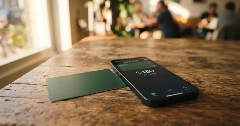 A payment card next to a phone with a crypto wallet app open