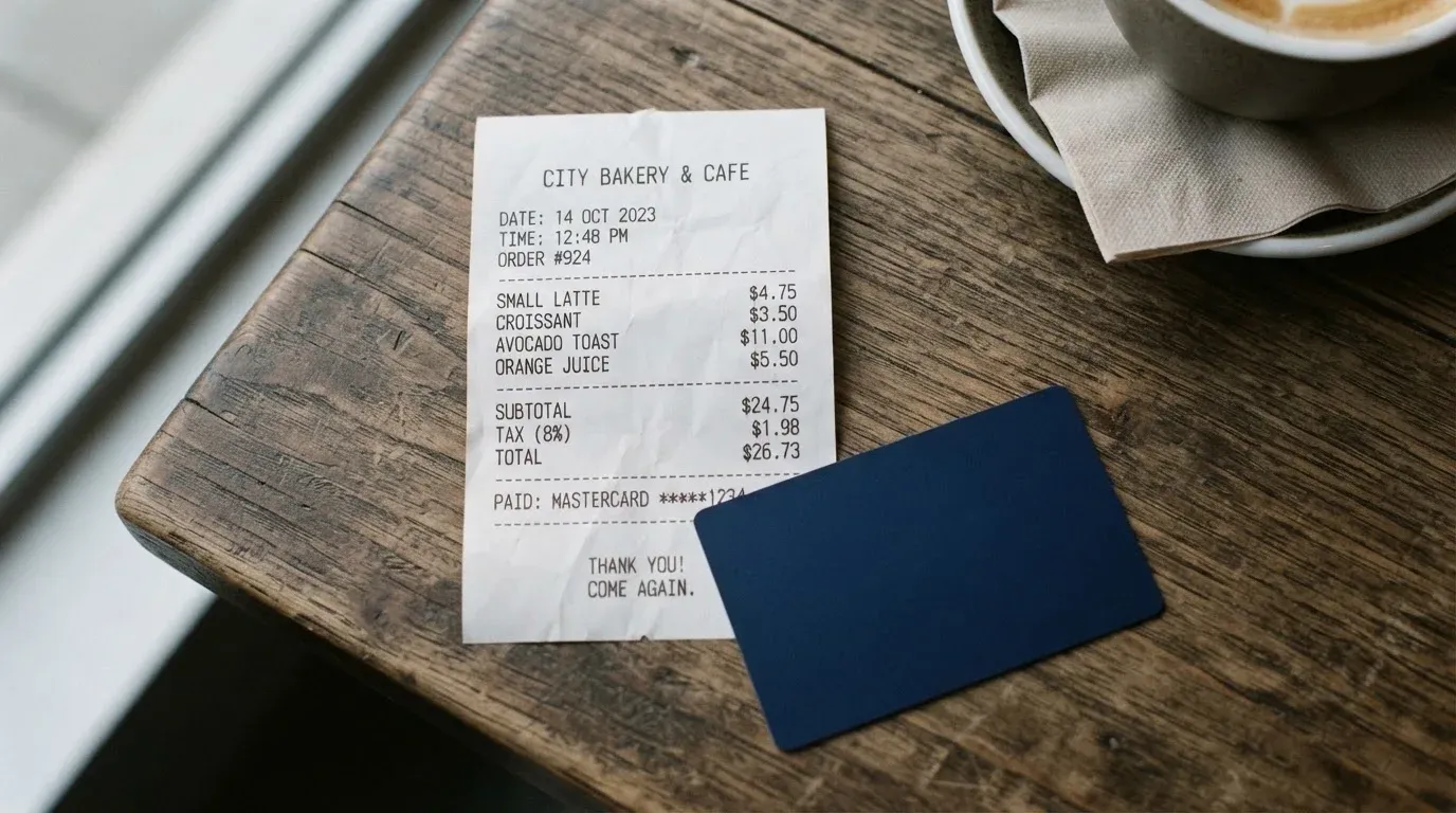 A receipt and a card on a café table