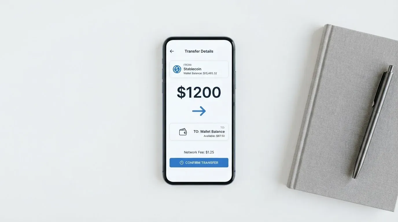 A phone showing a stablecoin transfer screen