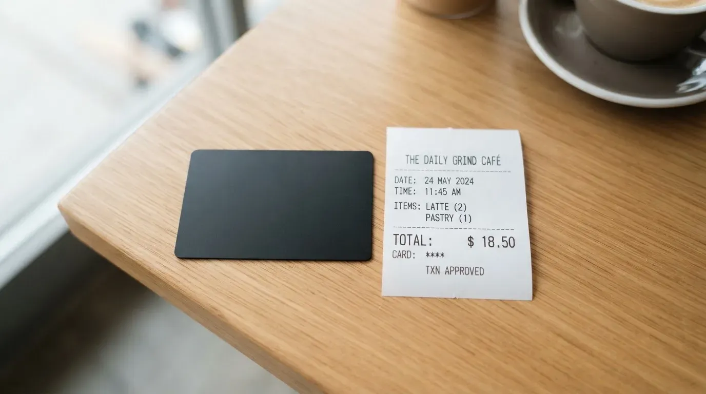 A receipt and a card on a café table