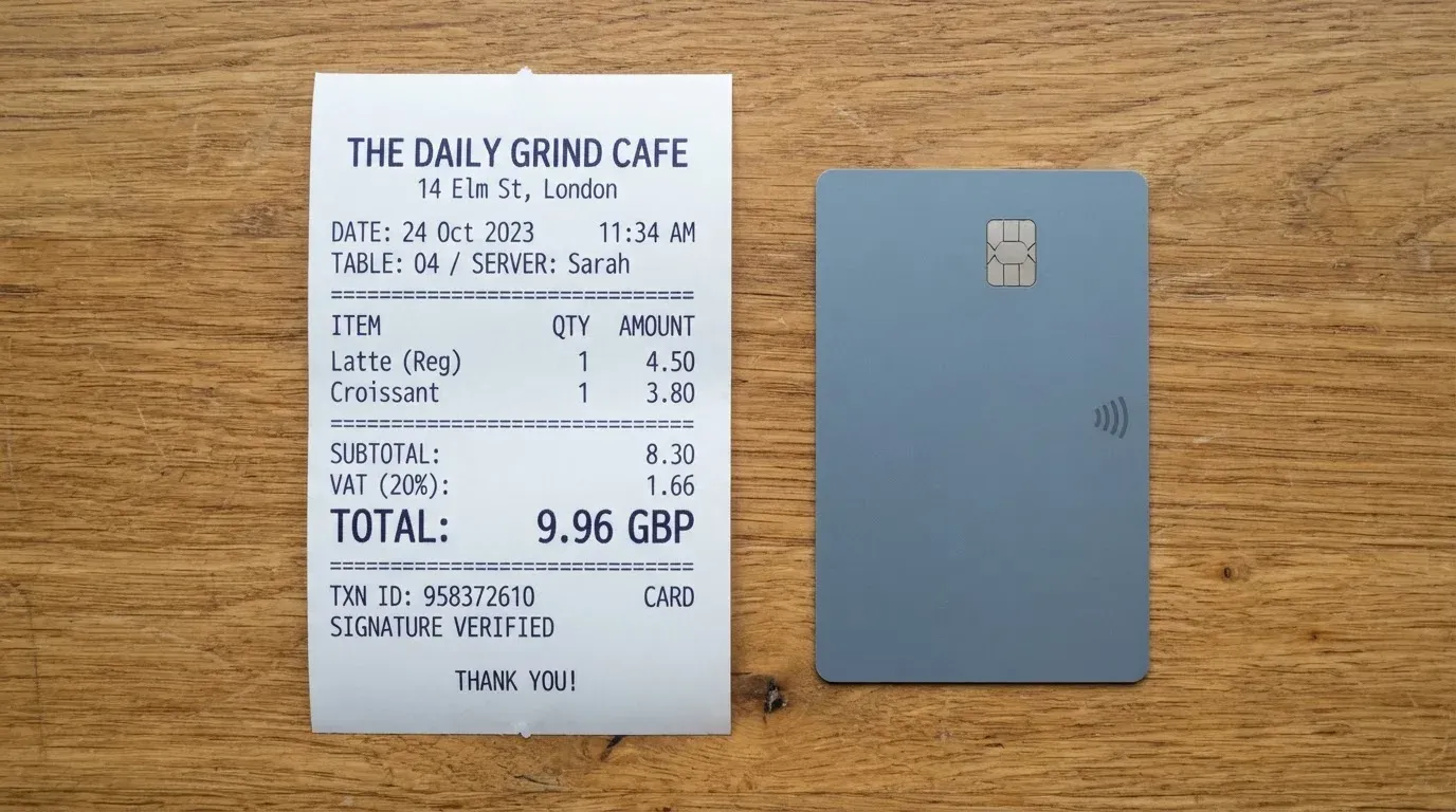 A receipt and a card on a café table