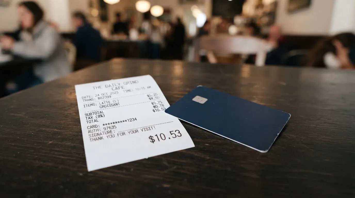 A receipt and a card on a café table