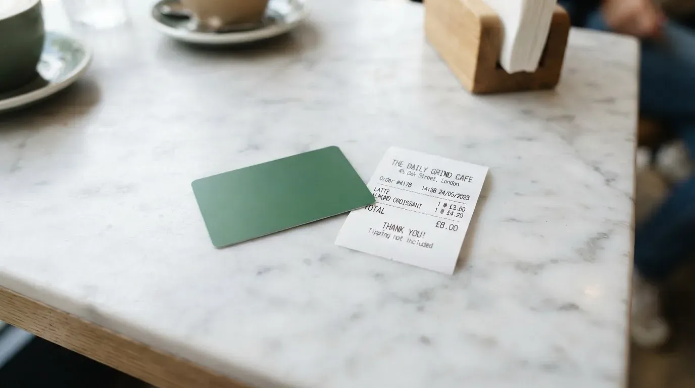 A receipt and a card on a café table