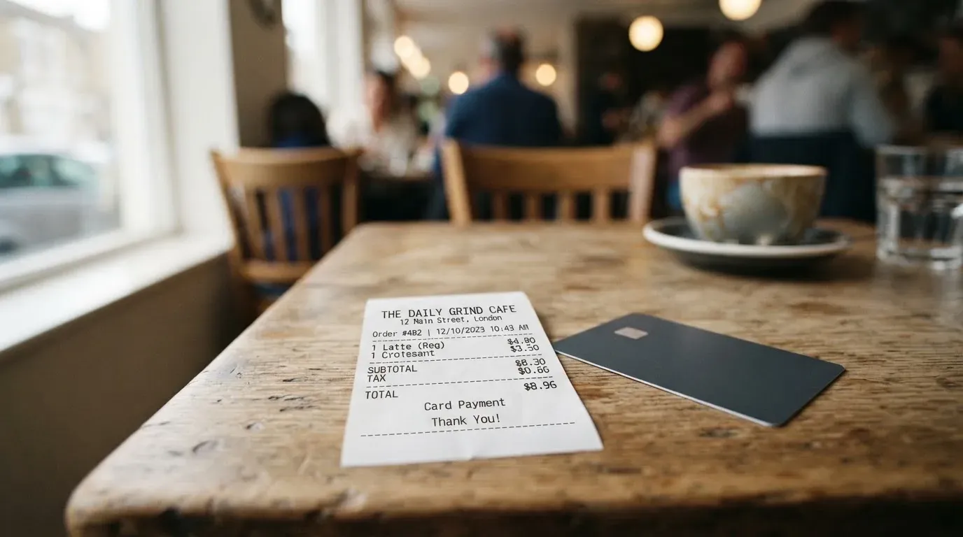 A receipt and a card on a café table