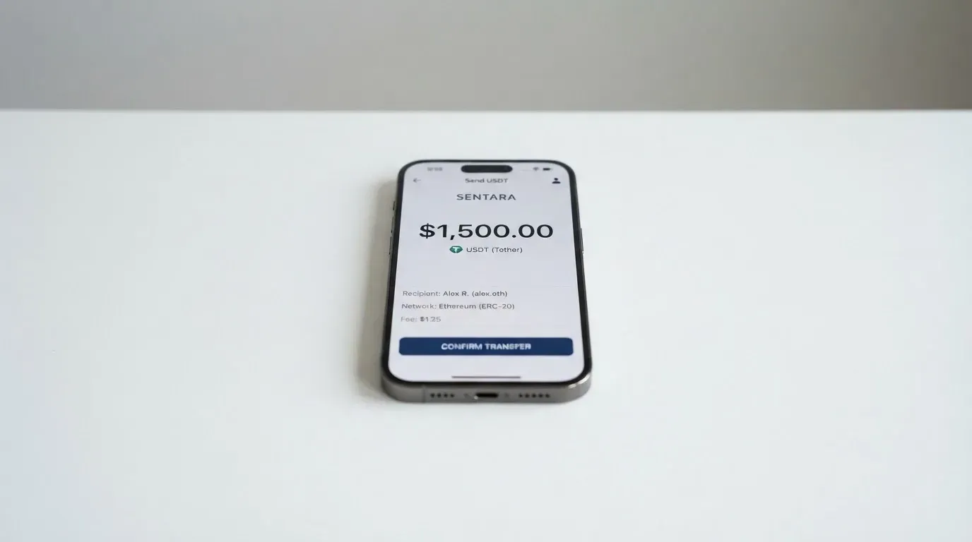 A phone showing a stablecoin transfer screen